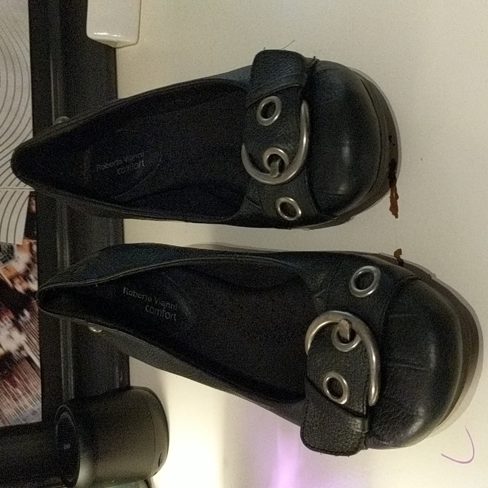 Black leather wedges